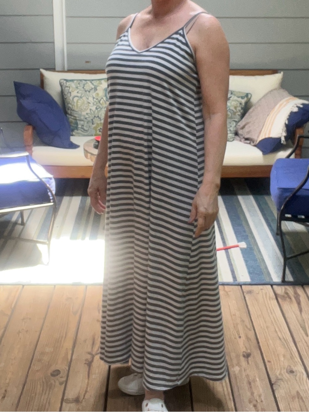 SHEIN Gray & White Striped Maxi Dress with Spaghetti Straps
